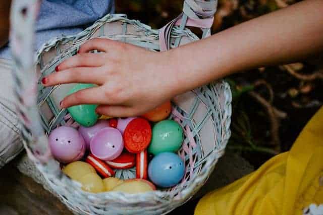 a girl placed her hand a basket full of top eggs