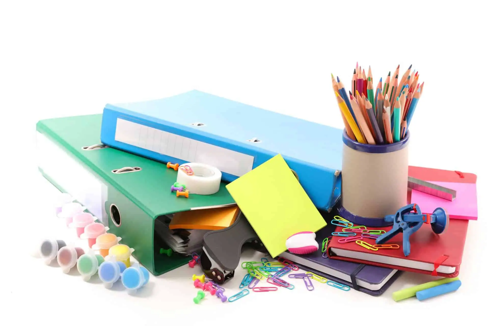 school supplies, pens, pencils and other stationary items