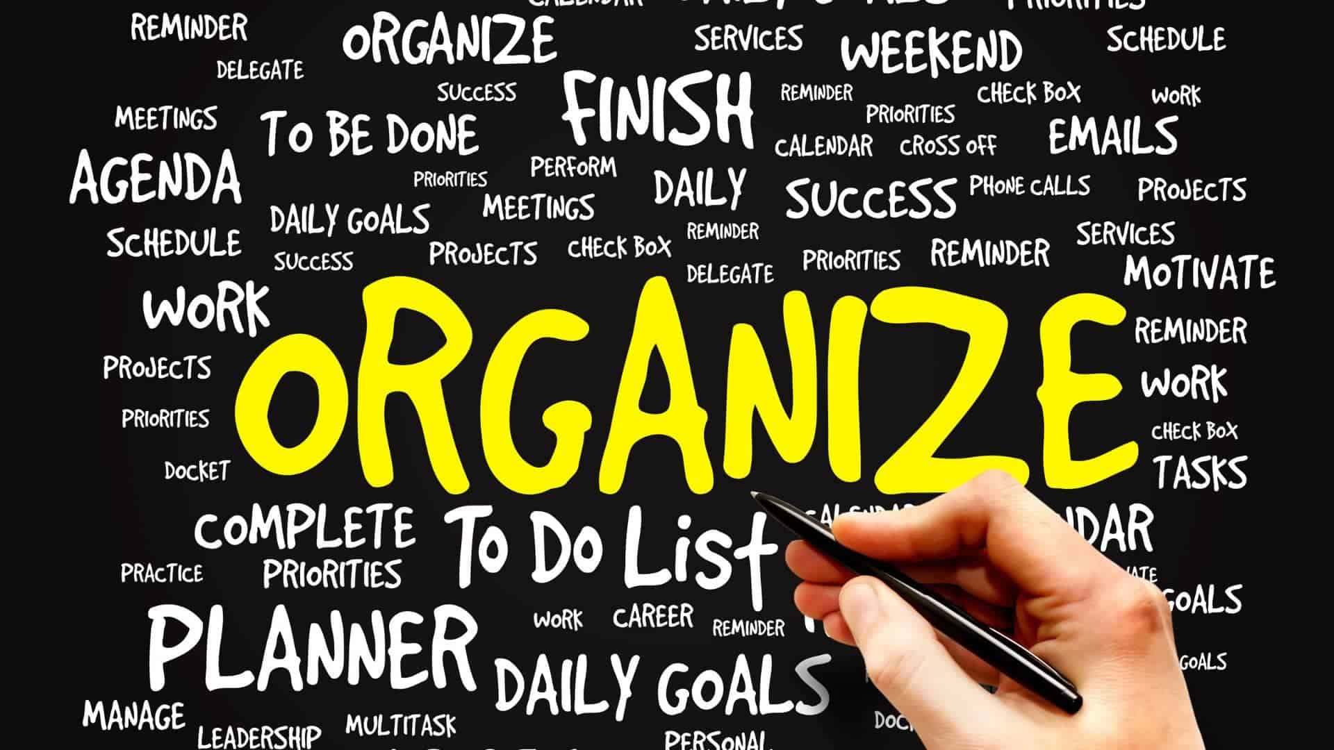 organise and other organization words written on chalkboard