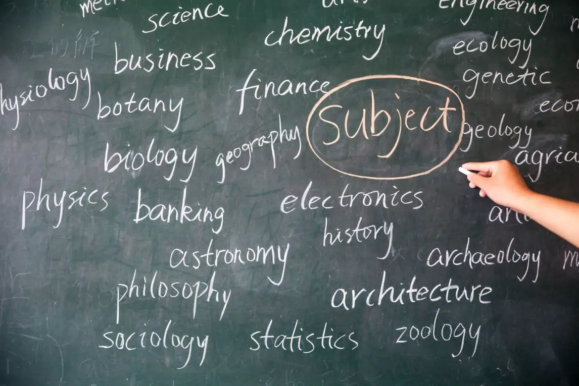 different subjects listed on a old-school chalkboard