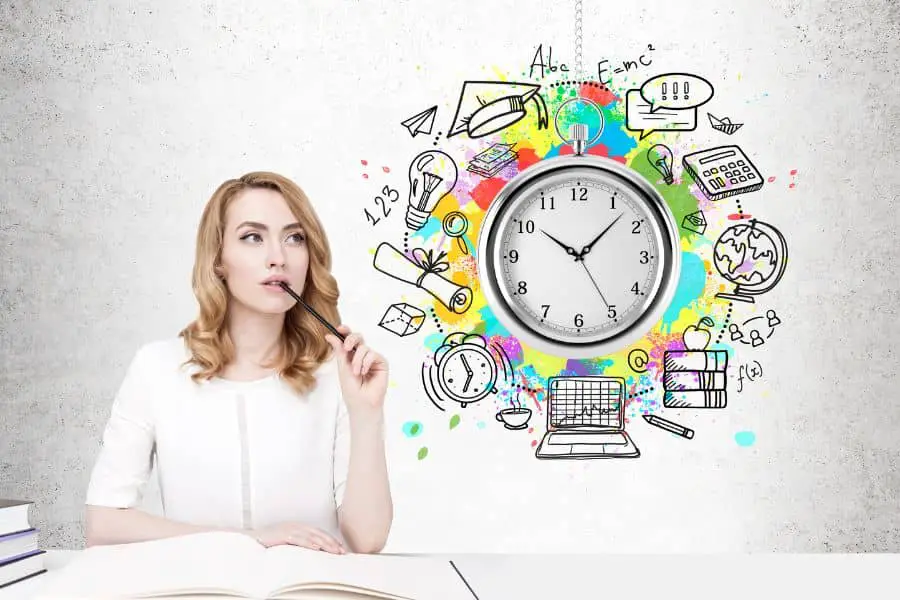 women holding a pen to her lip at a desk where a clock nd other productivity related items is hovering in the air