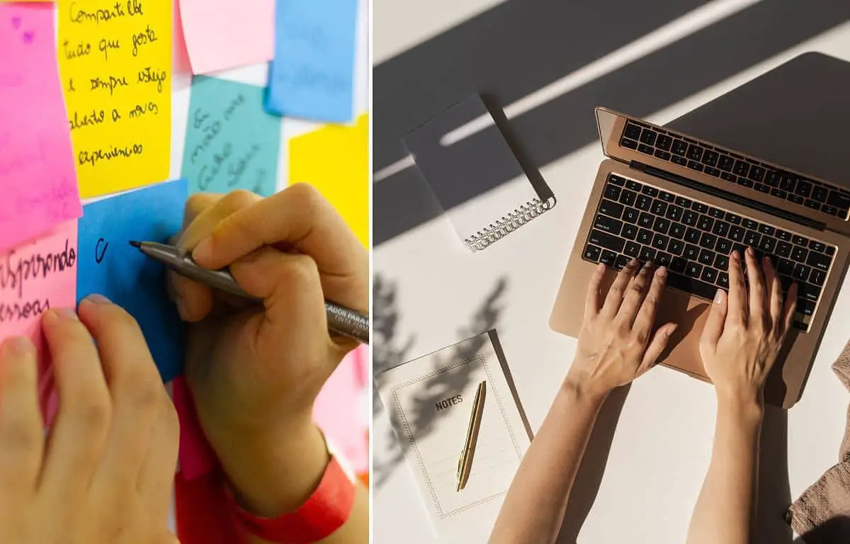 handwriting on post-it-notes on the left and hand typing on laptop on the right