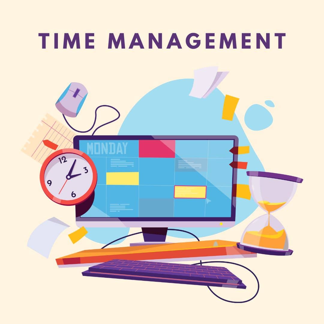 time management display with desktop computer, sand timer, clock
