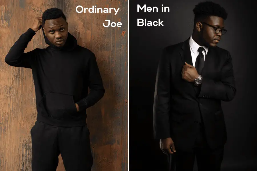two side by side photo of a black man, one wearing a black tracksuit and another wearing a full black suit