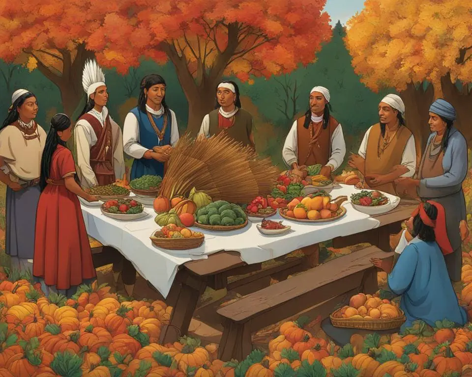 can muslim celebrate thanksgiving: a scene showing native americans and pilgrims gathered around a large feast table