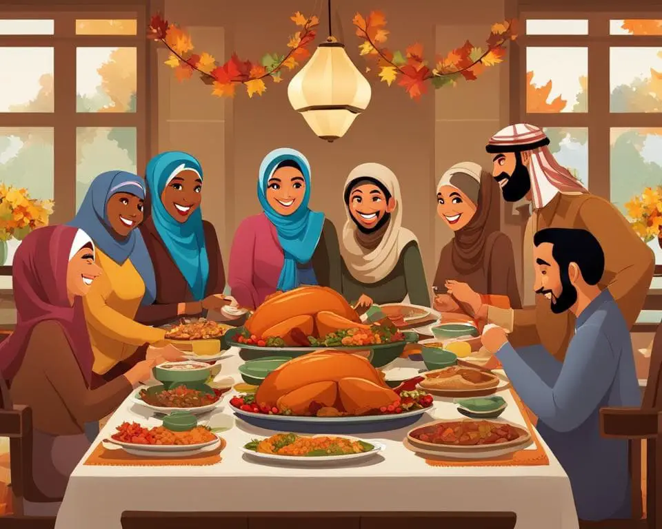 A Muslim family gathered around a large table, smiling and laughing as they enjoy a feast of traditional Thanksgiving dishes with a mix of Middle Eastern flavors. The table is decorated with fall-inspired decorations, such as foliage, pumpkins, and candles.