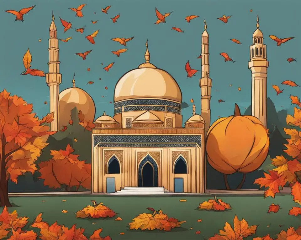 celebrating thanksgiving as a muslim: a mosque adorned with autumn leaves and pumpkins symbolizing muslims feel towards Allah for the abundance of blessings in their loves.