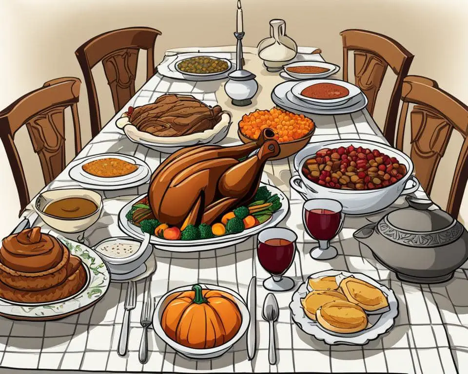 a traditional thanksgiving table with a mix of American and Islamic dishes