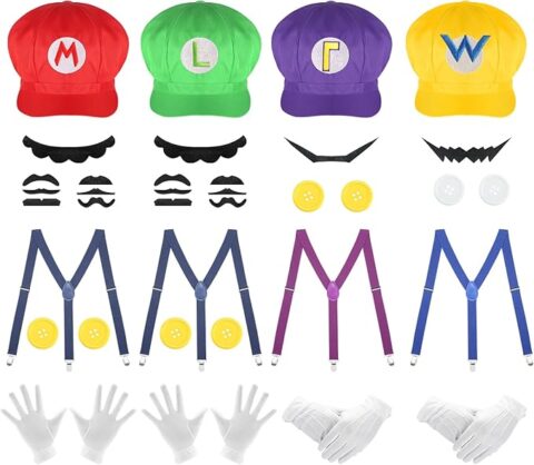 Set of four costume kits inspired by characters from the Super Mario universe, including red, green, purple, and yellow hats with matching suspenders, oversized buttons, white gloves, and adhesive mustaches. This group accessory pack is perfect for DIY Halloween costumes for guys who want to dress up as Mario, Luigi, Waluigi, or Wario.