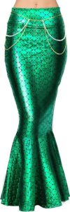 Image of a shiny green mermaid-style skirt with a fish-scale pattern and gold chain accents around the waist. This elegant, ocean-inspired outfit piece is ideal for mermaid-themed **halloween costumes red hair**, pairing perfectly with a vibrant red wig for a magical under-the-sea look.