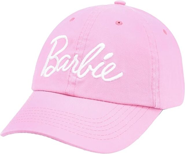 Image of a light pink baseball cap featuring the word “Barbie” embroidered in white script across the front. This stylish accessory adds a fun and casual touch to **Barbie Halloween Costumes for Adults**, perfect for completing a sporty or laid-back Barbie-inspired Halloween look.