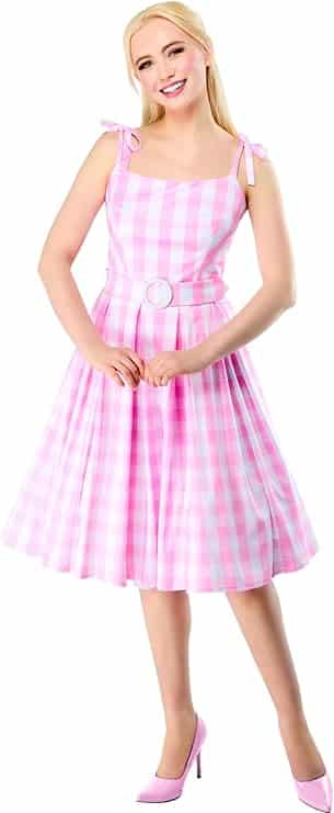 Image of a blonde wig and pink accessories set, including shell-shaped earrings, a matching necklace and bracelet, pink cat-eye sunglasses, and a pink checkered bow. Perfect for **Barbie Halloween Costumes for Adults**, this glamorous set completes a stylish and fun Barbie-inspired look for Halloween or themed parties.