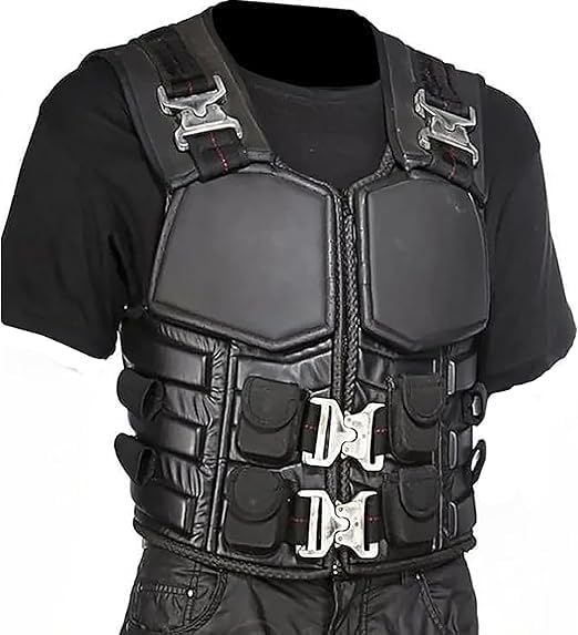 Blade Leather Cosplay Vests Halloween Costume Image of a tactical black body armor vest with metal buckles and adjustable straps. This rugged piece is perfect for **Black man Halloween costume ideas**, ideal for action hero, mercenary, or futuristic soldier looks for Halloween or cosplay.