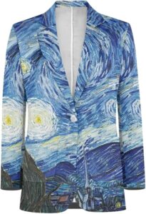 Image of a vibrant blazer featuring a print inspired by Vincent van Gogh’s The Starry Night, showcasing swirling blue and yellow brushstrokes. This artistic jacket is a standout piece for halloween costumes red hair, perfect for creative or painter-themed costume ideas.