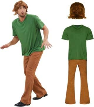 Shaggy Rogers costume from *Scooby-Doo*, featuring a green short-sleeve shirt, brown flared pants, black shoes, and a shaggy brown wig. This laid-back and instantly recognizable outfit is a great choice for Halloween costumes for guys who want something easygoing and funny.