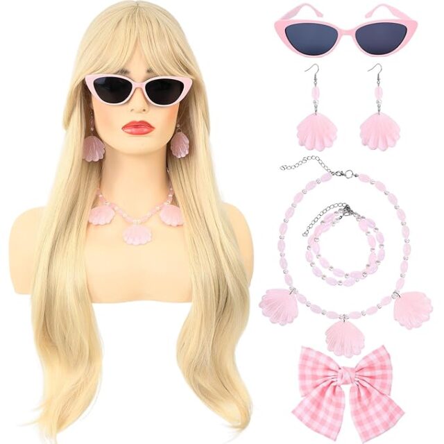 Image of a blonde wig and pink accessories set, including shell-shaped earrings, a matching necklace and bracelet, pink cat-eye sunglasses, and a pink checkered bow. Perfect for **Barbie Halloween Costumes for Adults**, this glamorous set completes a stylish and fun Barbie-inspired look for Halloween or themed parties.