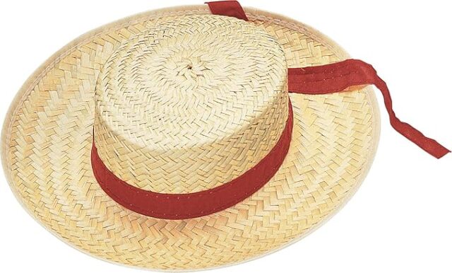 A woven straw hat with a wide brim and a red ribbon band tied in the back. Often used as part of Halloween costumes for red hair characters like Anne of Green Gables or Luffy from *One Piece*.