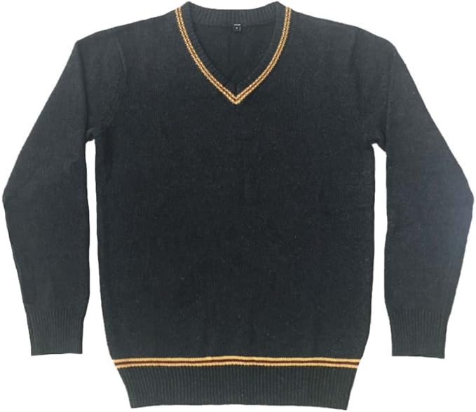 Image of a black V-neck sweater with gold trim around the collar and hem, styled in a classic school-uniform design. This versatile piece is perfect for **halloween costumes red hair**, especially for recreating looks inspired by magical school characters or vintage academic outfits.