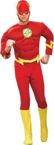 Man wearing a bright red and yellow The Flash costume, featuring a muscle-padded chest, lightning bolt emblem, and matching yellow boot covers and belt. This energetic superhero outfit is a standout pick among Halloween costumes for guys who want to channel speed and style.