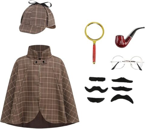 A detective costume set featuring a brown plaid cape and matching deerstalker hat, with accessories including a magnifying glass, fake pipe, round glasses, and various styles of fake mustaches. A classic and clever choice for mystery-themed Halloween costumes for guys.