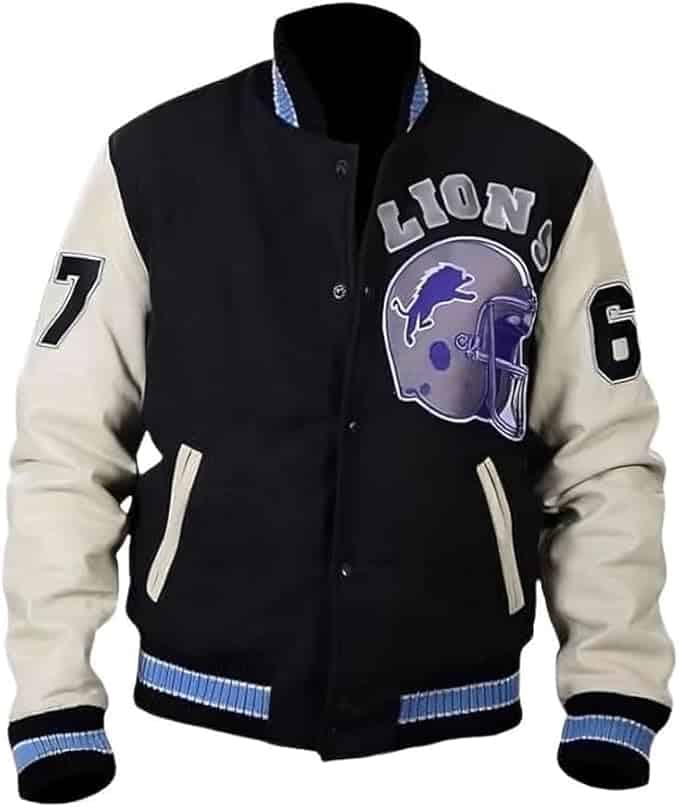 Detroit Beverly Hills Cop Varsity Jacket Image of a stylish black and cream varsity jacket featuring a blue lion helmet design and number patches. This sporty outerwear is a great addition to **Black man Halloween costume ideas**, perfect for creating a cool athlete or retro football player look for Halloween.