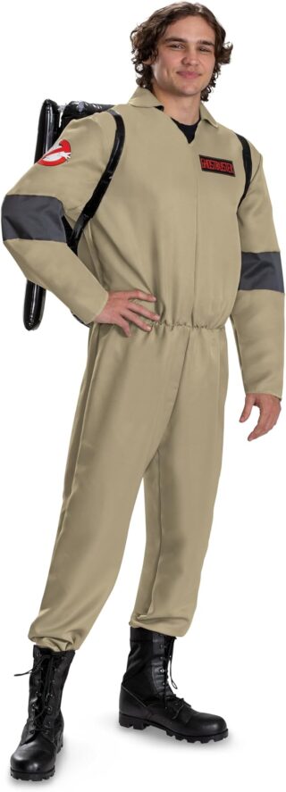 Man dressed in a Ghostbusters costume featuring a tan jumpsuit with a red "Ghostbuster" name patch, black detailing on the sleeves, and an inflatable proton pack worn on the back. This nostalgic outfit is a fun and recognizable option for Halloween costumes for guys who want to bust some ghosts in style.