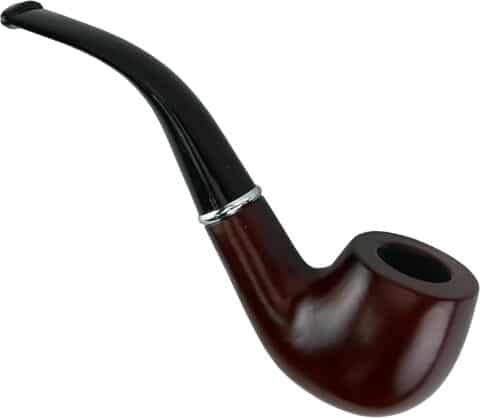 A classic curved smoking pipe with a dark wood grain bowl and black stem, accented with a silver ring. Commonly used as a costume prop for Halloween costumes with red hair characters like Sherlock Holmes, old-timey sea captains, or vintage professors.