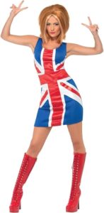 Image of a woman wearing a sleeveless mini dress featuring the Union Jack flag design, paired with tall red lace-up boots and styled with voluminous red hair. This bold retro outfit is perfect for **halloween costumes red hair**, ideal for recreating an iconic pop star or vintage-inspired party look.