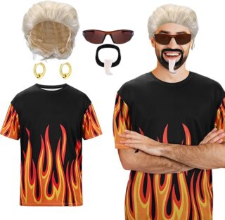 Here’s the alt text with your keywords included naturally:
Men Halloween Costume Set featuring a black T-shirt with red and orange flames, a blonde wig, sunglasses, goatee, and gold earrings. This fun outfit is one of the popular Halloween costumes for guys, perfect for parties or themed events with a bold, fiery look.