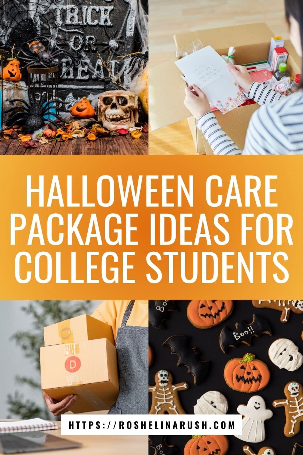 Halloween Care Package Ideas for College Students A collage showing festive Halloween-themed care package ideas for college students, including spooky decorations, handwritten notes, baked goods like ghost and pumpkin cookies, and cardboard boxes ready for shipping. The vibrant orange banner reads “Halloween Care Package Ideas for College Students,” emphasizing thoughtful, seasonal surprises perfect for sending fall cheer.