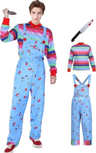 A Chucky-inspired Halloween costume featuring a colorful striped long-sleeve shirt, light blue overalls with "Good Guys" printed on the chest, and red buttons, paired with a fake bloody knife. A creepy choice for Halloween costumes with red hair, based on the infamous horror movie doll.