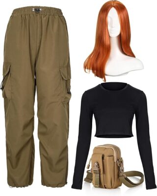 Image showing a costume set that includes olive-green cargo pants, a black long-sleeve crop top, a light brown utility bag, and a long orange-red wig. This adventurous and action-ready outfit is ideal for **halloween costumes red hair**, perfect for embodying a confident and daring character look.
