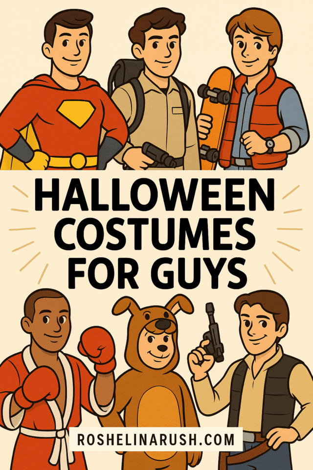 Illustrated graphic featuring men dressed in various themed outfits like a superhero, ghost hunter, boxer, dog costume, and action hero, with the title “Halloween Costumes for Guys.” The image highlights fun and creative halloween costumes for guys, ideal for parties, cosplay, or group dress-up ideas.