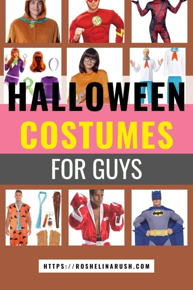 Collage image showcasing a variety of fun and creative outfits like superheroes, cartoon characters, and classic movie looks with the bold title “Halloween Costumes for Guys.” The image highlights different halloween costumes for guys, offering inspiration for themed parties, cosplay, or festive events.