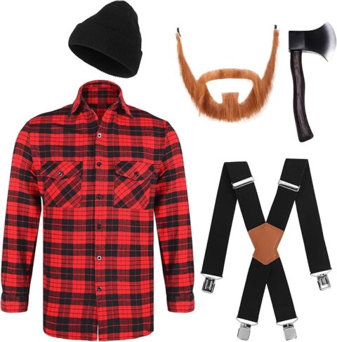 A lumberjack costume set featuring a red and black plaid flannel shirt, black beanie, brown fake beard, toy axe, and black suspenders with leather accents. A rugged and humorous choice for Halloween costumes for guys going for a classic outdoorsman look.