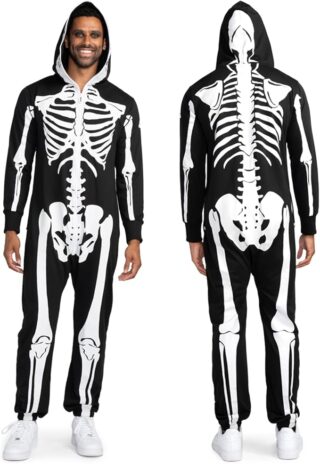 A man wearing a black hooded jumpsuit with a white skeleton print on the front and back, shown from both angles. This comfy one-piece outfit makes a bold and easy option for spooky Halloween costumes for guys.