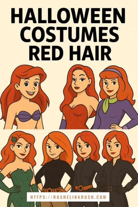 Illustrated collage featuring eight female characters with red hair as ideas for Halloween costumes, including Ariel, Jessica Rabbit, Daphne, Poison Ivy, and multiple versions of Black Widow. Bold text at the top reads “Halloween Costumes Red Hair,” highlighting themed costume inspiration for redheads.