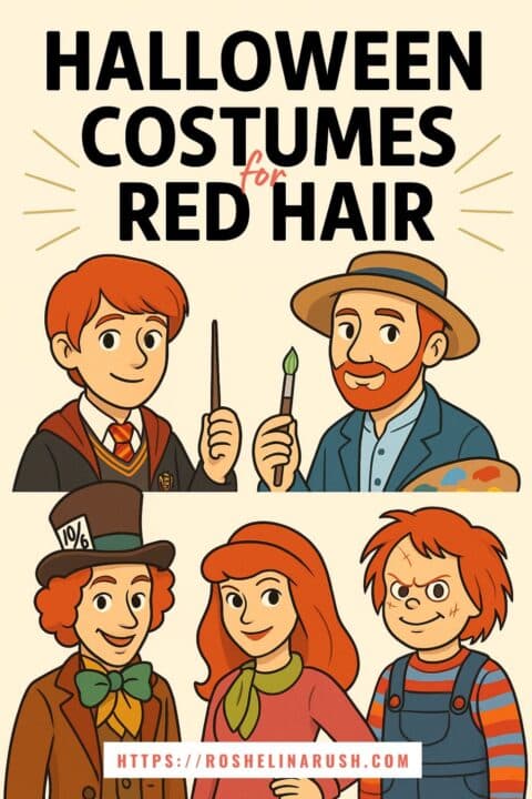 Illustrated group of six red-haired characters as inspiration for Halloween costumes, including Ron Weasley, Vincent van Gogh, the Mad Hatter, Daphne Blake, and Chucky. The text “Halloween Costumes for Red Hair” emphasizes themed costume ideas tailored for redheads.