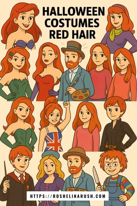 Illustrated collage of red-haired characters as inspiration for Halloween costumes, including Ariel, Poison Ivy, Jessica Rabbit, Ginger Spice, Chucky, Vincent van Gogh, Ron Weasley, Daphne, and Black Widow. Centered text reads “Halloween Costumes Red Hair,” promoting themed costume ideas perfect for those with red hair.