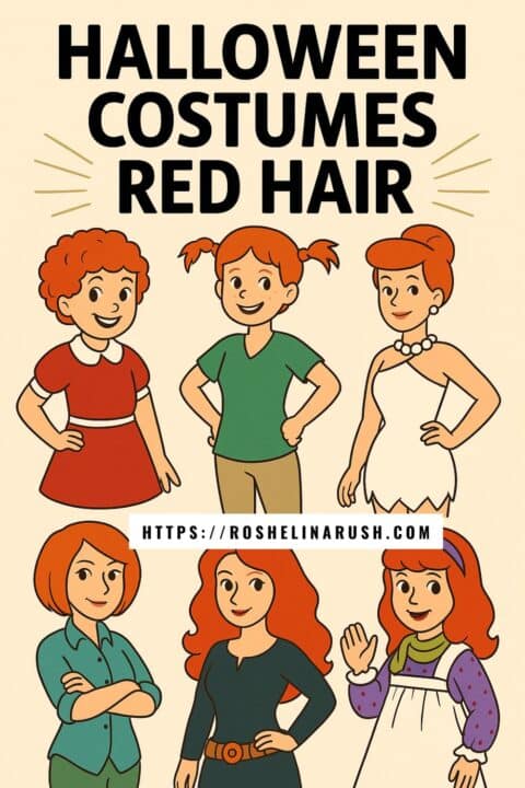Cartoon-style image showing six red-haired female characters as Halloween costume ideas, including Annie, Pippi Longstocking, Wilma Flintstone, Velma, Merida, and Daphne in a purple dress with a pinafore. Bold text reads “Halloween Costumes Red Hair,” highlighting creative costume inspiration for redheads.