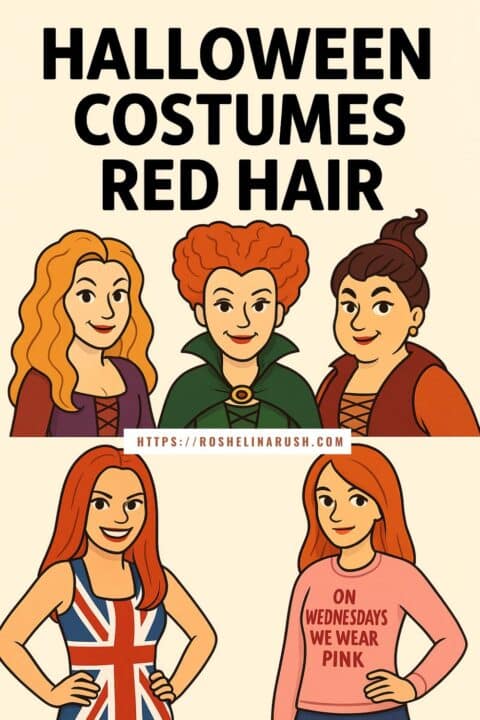 Illustrated lineup of six red-haired female characters in pop culture Halloween costumes, including the Sanderson Sisters from Hocus Pocus, Ginger Spice in a Union Jack dress, and a Mean Girls character wearing a pink sweater that says “On Wednesdays We Wear Pink.” Bold text above reads “Halloween Costumes Red Hair,” promoting themed costume ideas for redheads.