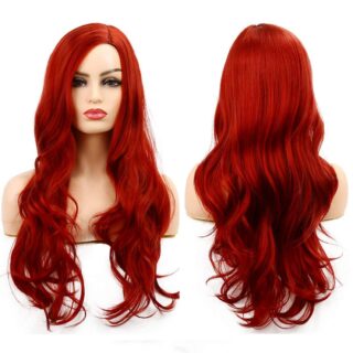 Image showing a long, wavy red wig displayed from the front and back, with a rich, vibrant shade of red and natural-looking texture. This striking accessory is ideal for **halloween costumes red hair**, perfect for completing mermaid, movie character, or fantasy-inspired looks.
