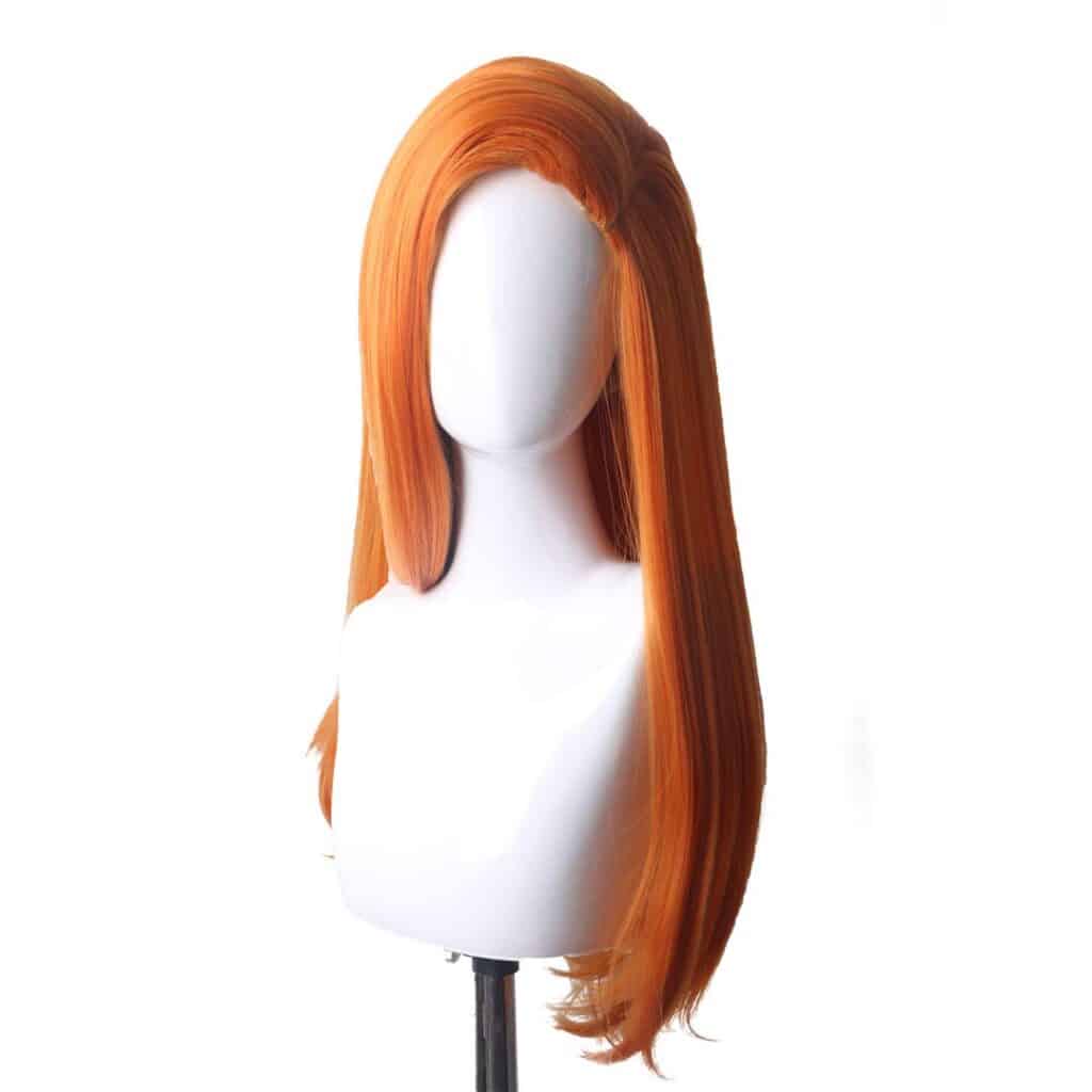 Image showing a sleek, long orange-red wig displayed on a mannequin head, featuring a smooth and natural-looking texture. This vibrant accessory is ideal for **halloween costumes red hair**, perfect for completing character-inspired, fantasy, or animated costume looks.