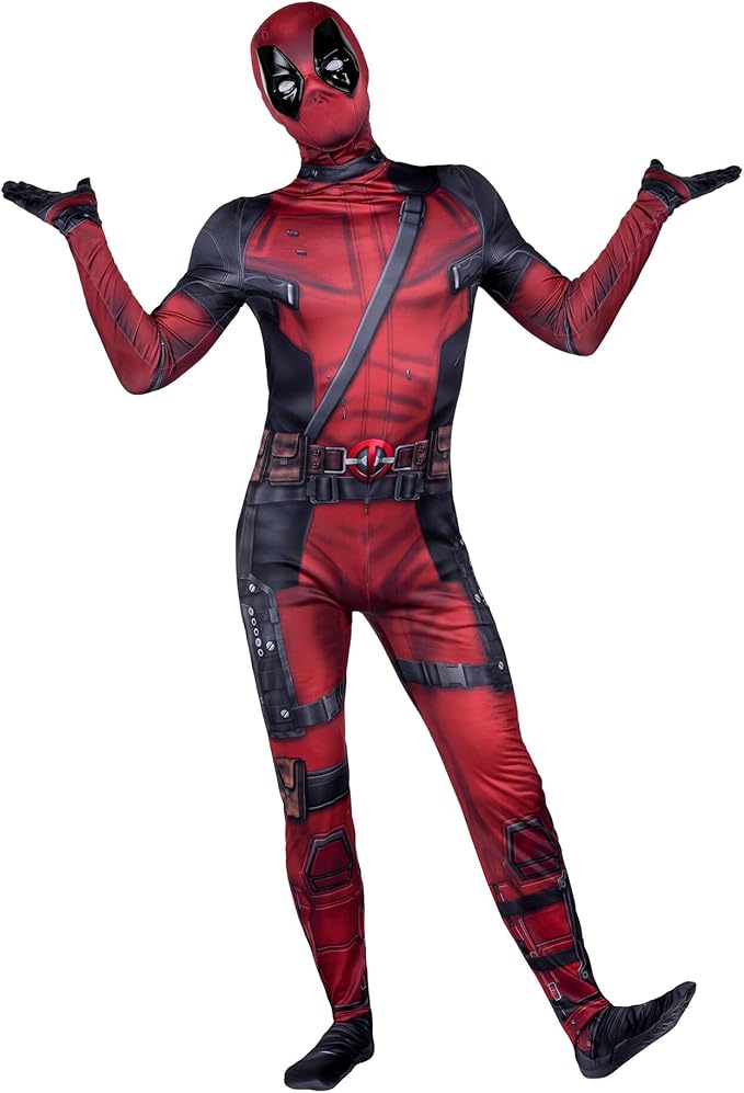 A full-body Deadpool costume featuring the iconic red and black suit with printed utility belts, straps, and armor details, including a full head mask. This superhero outfit is a bold and humorous pick for action-packed Halloween costumes for guys.