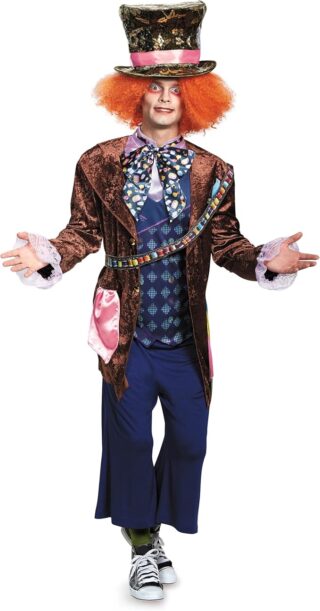 A man dressed as the Mad Hatter with bright red curly hair, a tall patterned top hat, a velvet brown coat, colorful bow tie, and mismatched accessories. A whimsical option for Halloween costumes featuring red hair characters from fantasy or storybook themes.