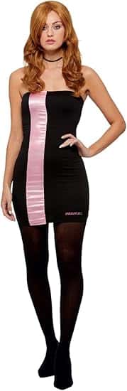 Image of a woman wearing a chic black mini dress with a vertical pink satin stripe, paired with black tights and a choker. Her long red hair completes the bold look, making this outfit a stylish choice for **halloween costumes red hair**, perfect for a retro or pop-culture-inspired costume.