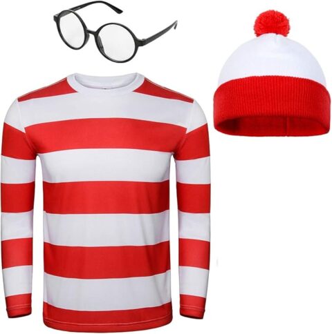 Here’s the alt text with your keywords included naturally:
Men Halloween Costume Set featuring a red and white striped long-sleeve shirt, round black glasses, and a white and red beanie with a pom-pom. This playful outfit is one of the classic halloween costumes for guys, perfect for themed parties or group dress-up events.