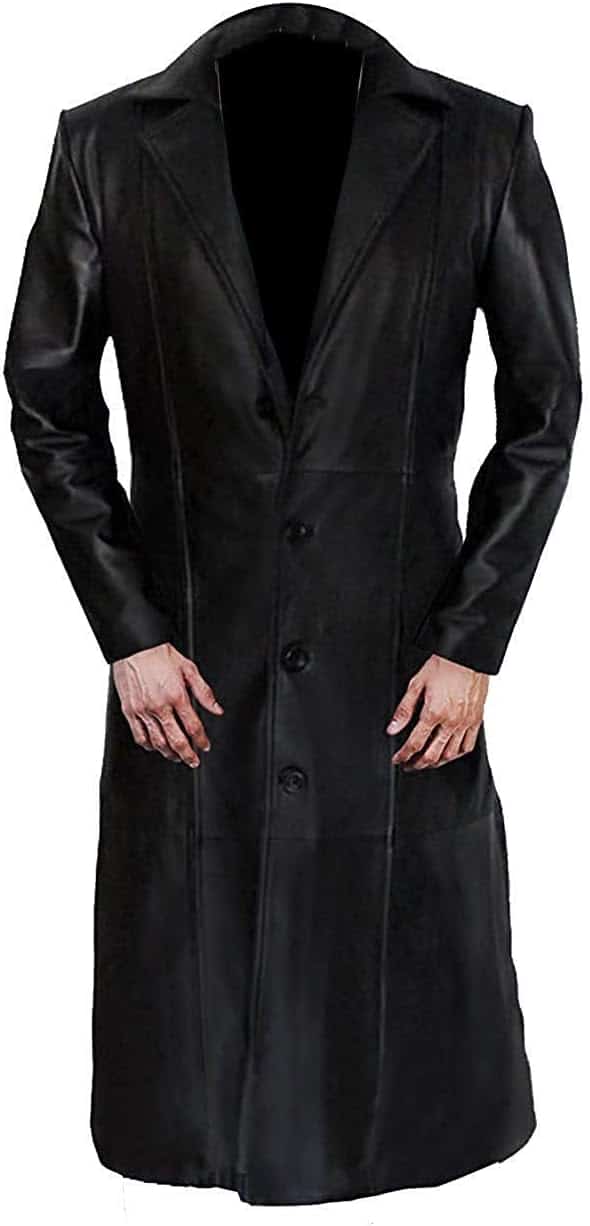 Mens Blade Coat Costume Wesley Snipes Overcoat Image of a long black leather trench coat with button closure and wide lapels. This bold outerwear piece is ideal for **Black man Halloween costume ideas**, perfect for creating iconic looks like action heroes, mysterious agents, or futuristic fighters.
