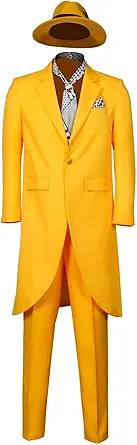 Here’s the alt text with your keywords included naturally:
Bright yellow Men Halloween Costume Set featuring a long suit jacket, matching pants, polka-dot tie, pocket square, and wide-brimmed hat. This bold and stylish outfit is one of the standout halloween costumes for guys, ideal for parties, cosplay, or themed events.