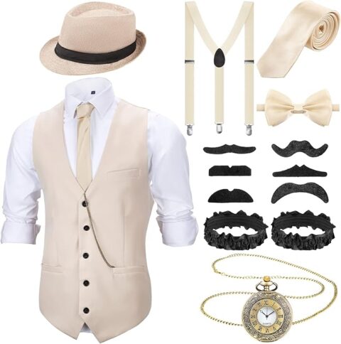 A vintage gangster costume set with a beige vest, white rolled-sleeve dress shirt, matching tie and bow tie, suspenders, fedora hat, assorted fake mustaches, black garters, and a gold pocket watch. A stylish throwback choice for 1920s-inspired Halloween costumes for guys.
